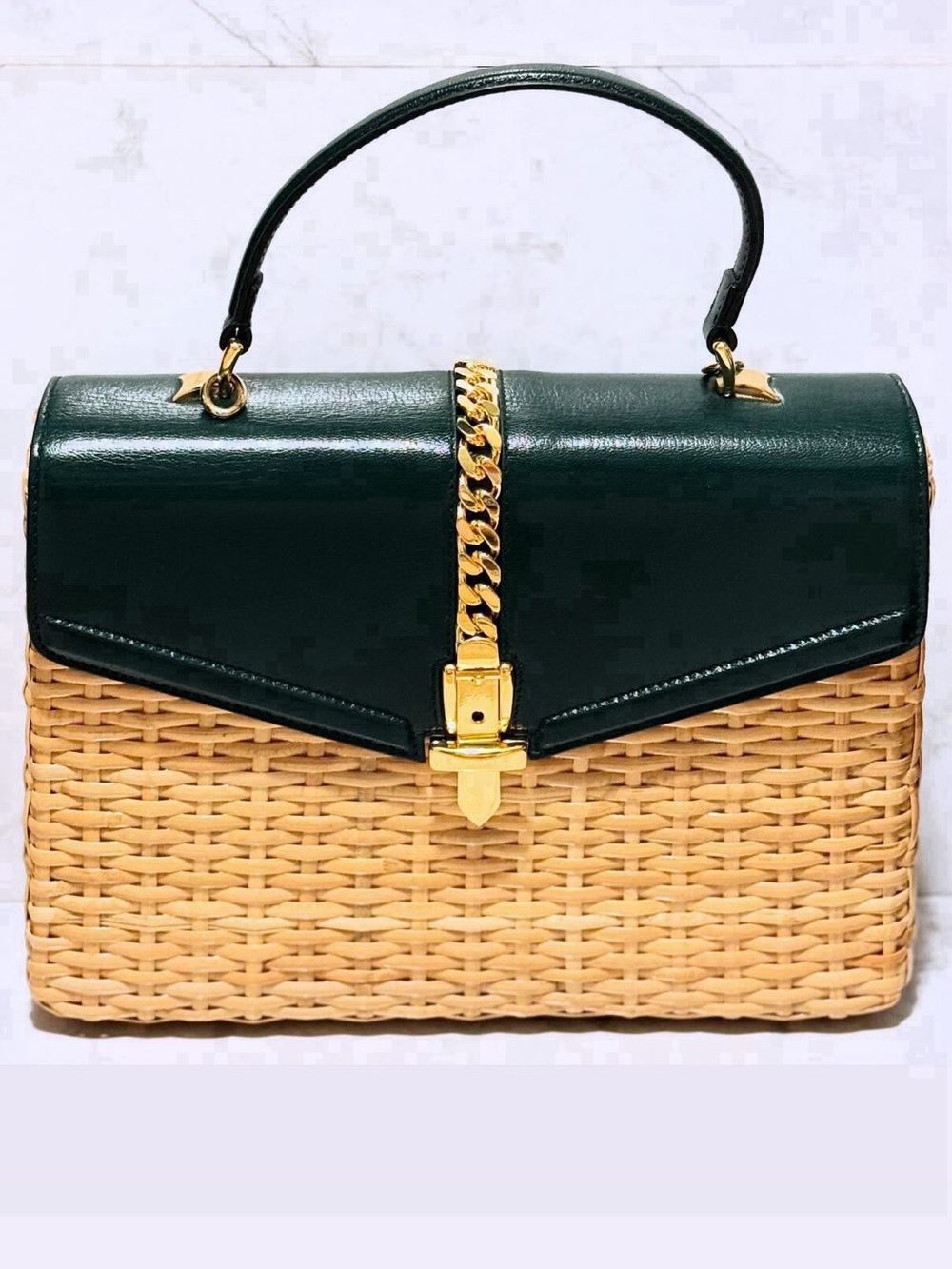 Gucci Green Leather & Natural Wicker Sylvie Top-Handle
